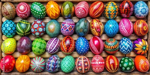 A Vibrant Collection of Hand-Painted Easter Eggs Displayed in a Wooden Crate, Each Egg Featuring Unique Designs and Colors