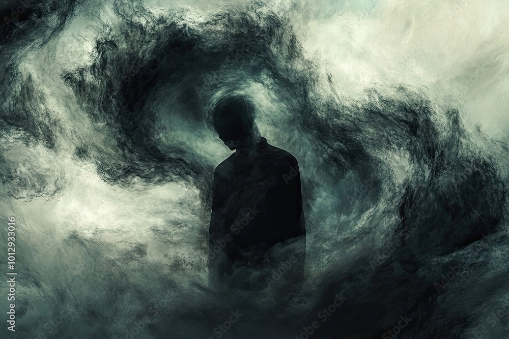 Fototapeta premium A Silhouette of a Person Submerged in Swirling Smoke
