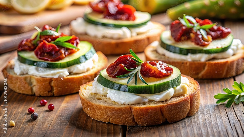 Sun-dried Tomato and Cucumber Toasts with Creamy Spread and Fresh Herbs on a Wooden Surface Sun-dried Tomato and Cucumber Toasts with Creamy Spread and Fresh Herbs on a Wooden Surface