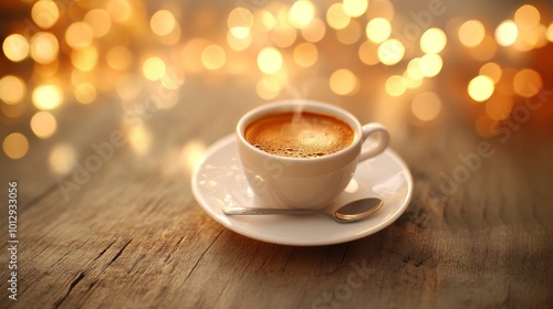 A steaming cup of coffee rests on a rustic wooden table, with a backdrop of golden bokeh lights. The warm tones and inviting composition create a cozy, tranquil atmosphere perfect for coffee or