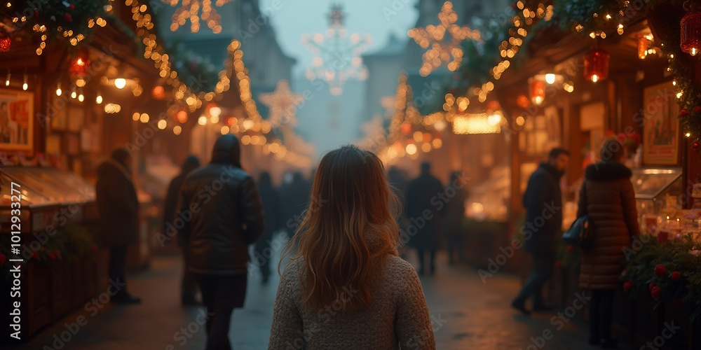 an image of a girl walking through a bustling Christmas market an image of a girl walking through a bustling Christmas market