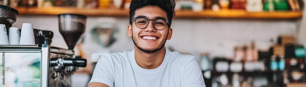 Cheerful barista smiles behind coffee counter, showcasing a warm and inviting cafe atmosphere, perfect for marketing and lifestyle themes. Cheerful barista smiles behind coffee counter, showcasing a warm and inviting cafe atmosphere, perfect for marketing and lifestyle themes.