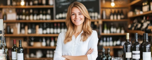 Confident woman smiles at the camera in a wine shop, surrounded by shelves filled with a variety of wine bottles.
