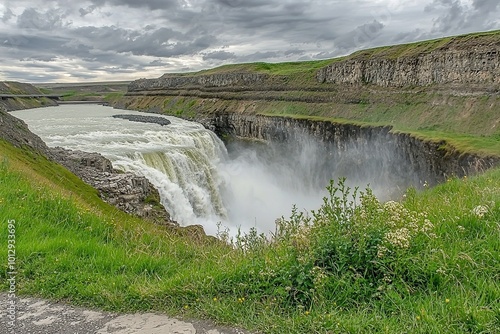 Stunning view of the powerful Dettifoss waterfall in Iceland with mist and spray.