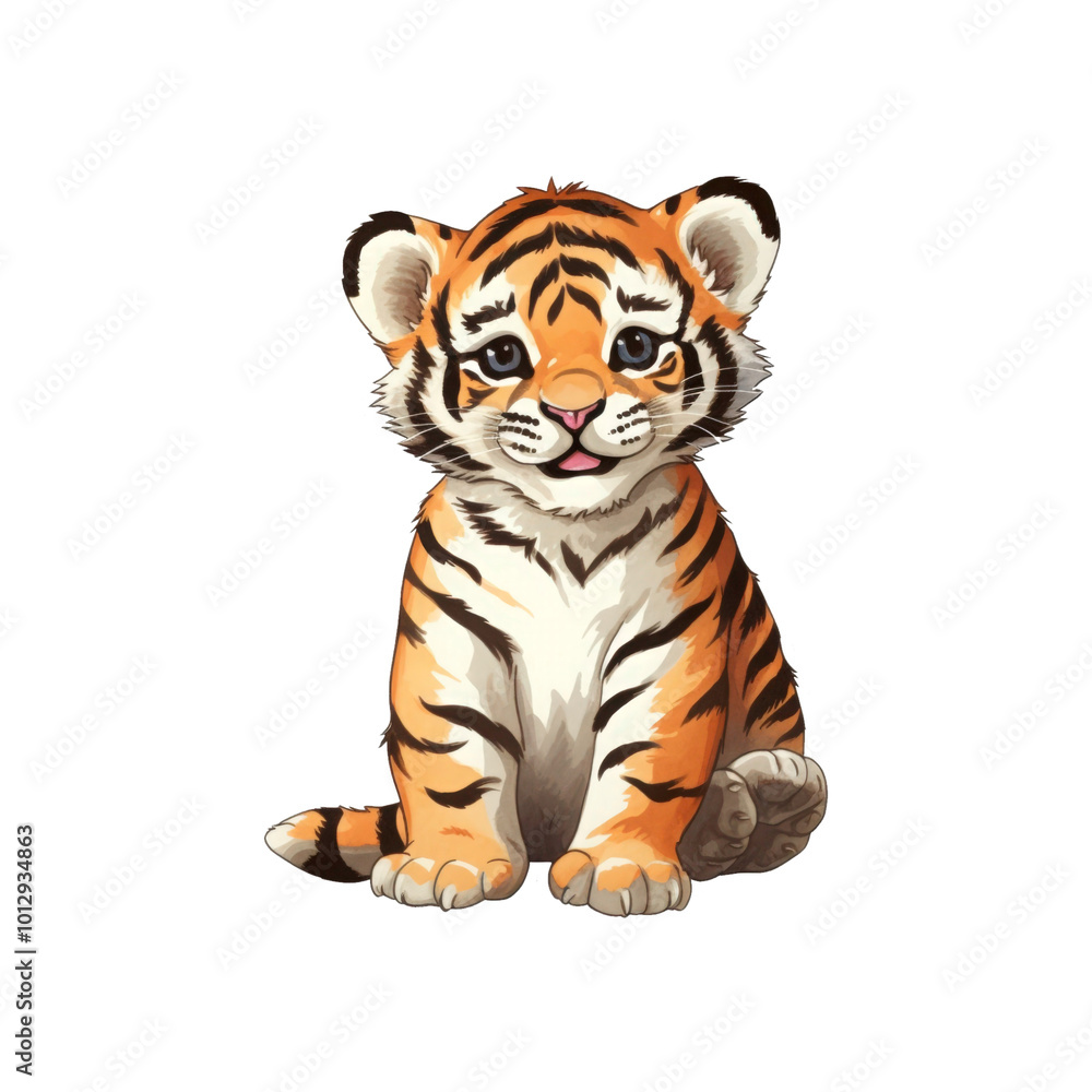 Obraz premium A smiling baby tiger is sitting. Perfect for wildlife conservation, children's books, or educational materials. Generative AI