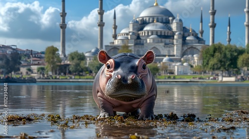 147. Baby pygmy hippo standing near the Blue Mosque in Istanbul with its grand domes and minarets rising into the sky photo