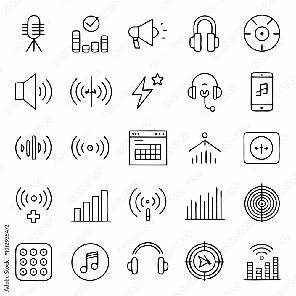 Naklejka premium Downloadable Music and Multimedia Icon Set: Circle Outline Designs