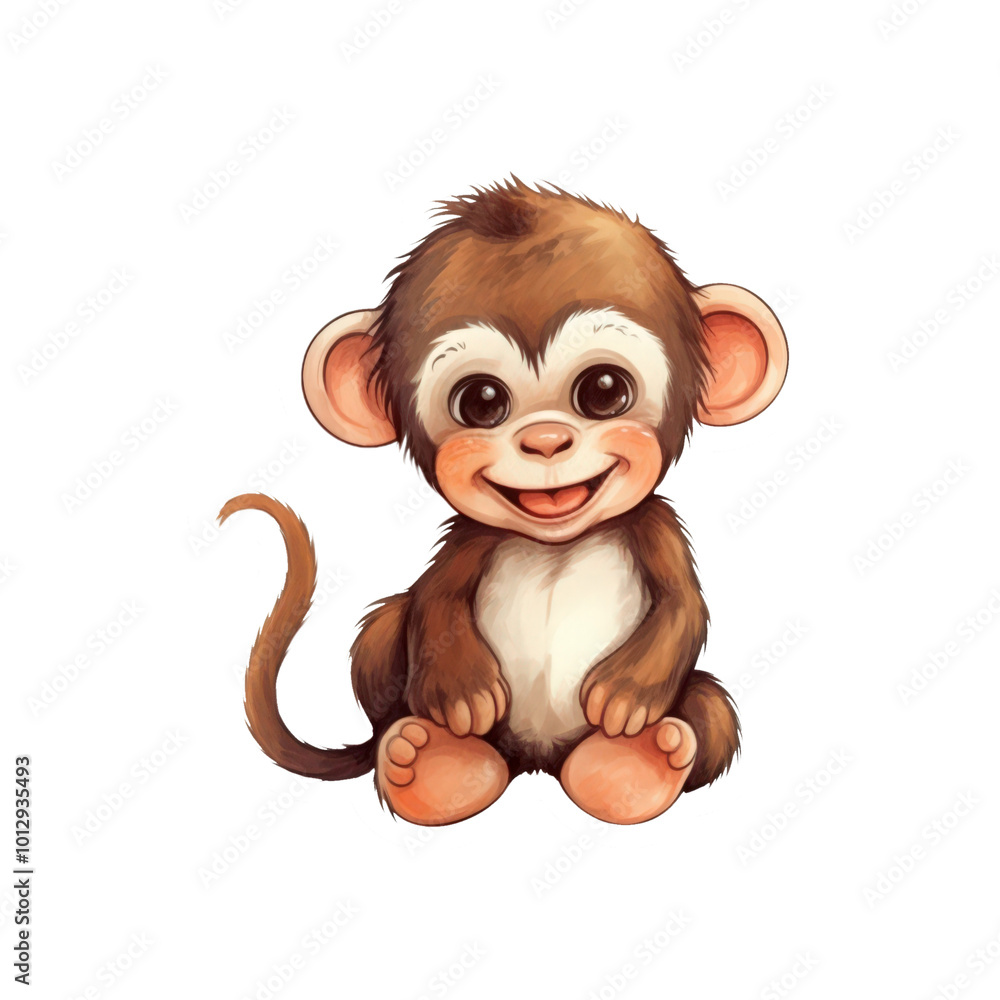 Fototapeta premium Brown monkey with large eyes and a curled tail, smiling happily. Suitable for animal themed designs, nature illustrations, and children's content. Generative AI