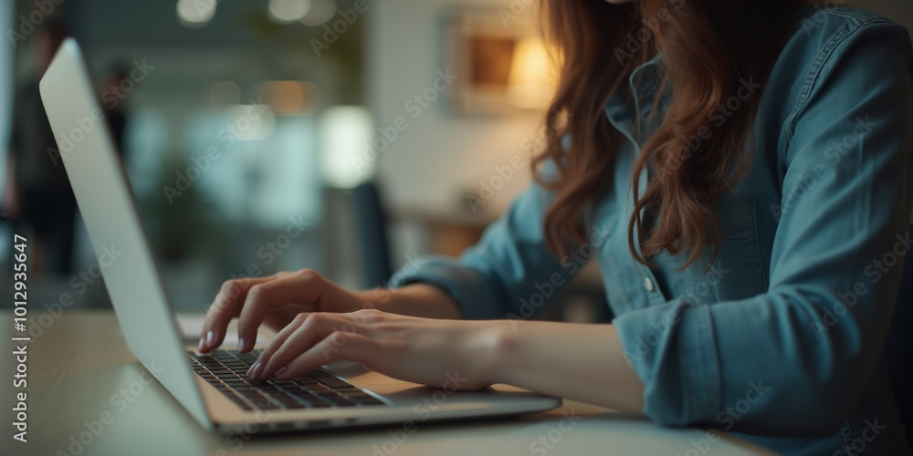 a businesswoman sitting at table with laptop and typing in office a businesswoman sitting at table with laptop and typing in office