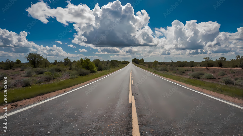 Vast empty road in summer with sunburst in bright blue sky overhead; Northern region, Iceland Vast empty road in summer with sunburst in bright blue sky overhead; Northern region, Iceland