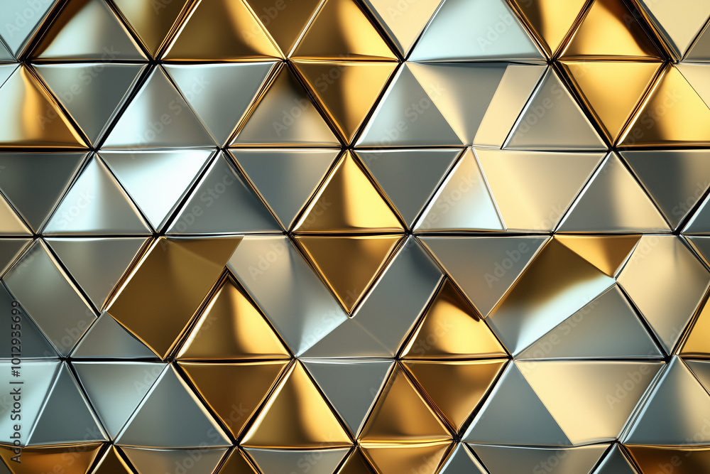 Geometric pattern of gold and silver triangles creating a 3D effect in a modern abstract design Geometric pattern of gold and silver triangles creating a 3D effect in a modern abstract design