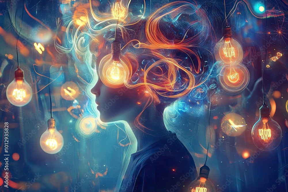 A Person's Silhouette Surrounded by Abstract Lightbulb and Swirling Lights A Person's Silhouette Surrounded by Abstract Lightbulb and Swirling Lights