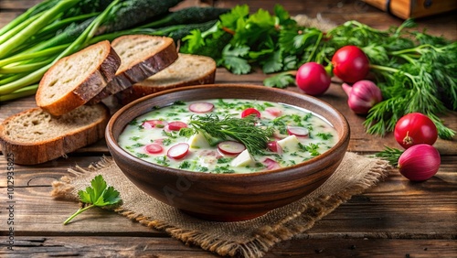 Aromatic chilled soup with fresh radish and dill, served with crusty bread, a classic summer dish