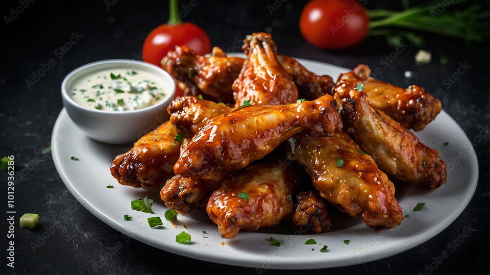 Spicy and tangy chicken wings, often served with ranch or blue cheese dressing and celery sticks. Spicy and tangy chicken wings, often served with ranch or blue cheese dressing and celery sticks.