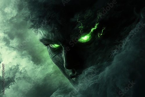 A shadowy figure with a glowing green eye emerging from swirling green mist photo