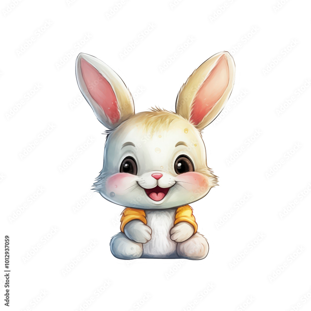 Obraz premium The white rabbit is smiling. Ideal for Easter, animal illustrations, children's books, and greeting cards. Generative AI