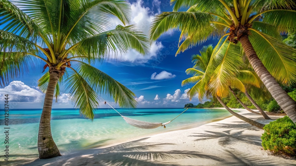 Serene Secluded Beach with Hammock and Palm Trees Serene Secluded Beach with Hammock and Palm Trees