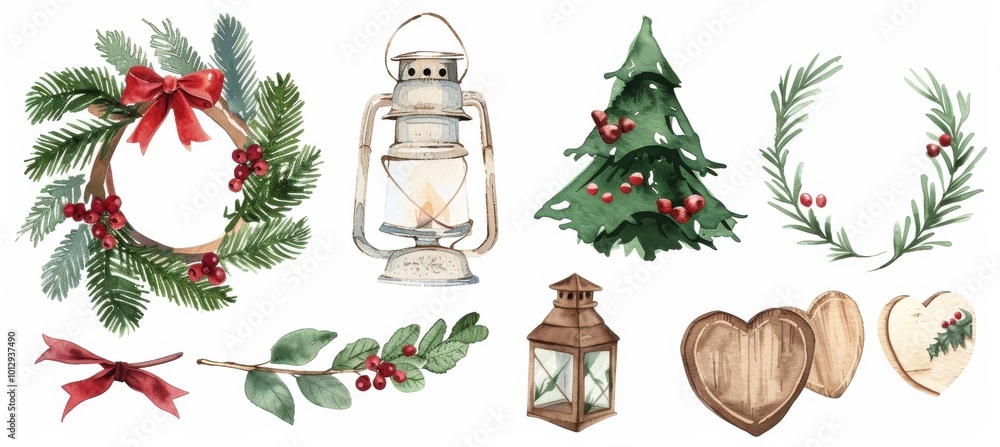 Festive Christmas decor with wreaths, lanterns, and a tree for holiday crafts Festive Christmas decor with wreaths, lanterns, and a tree for holiday crafts