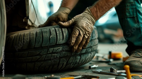 A mechanic's gloved hands hold a car tire while changing it.