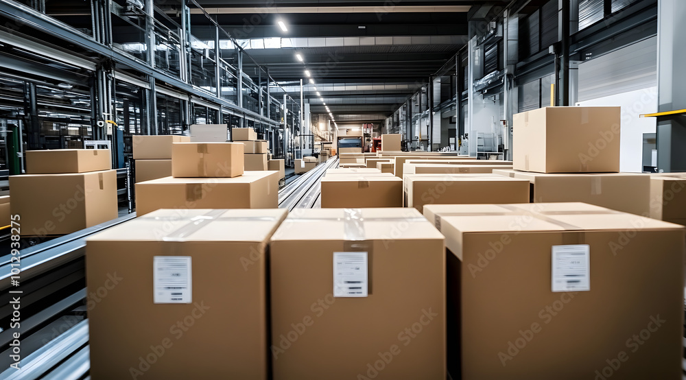 Row of cardboard boxes on conveyor belt in a modern warehouse. Row of cardboard boxes on conveyor belt in a modern warehouse.