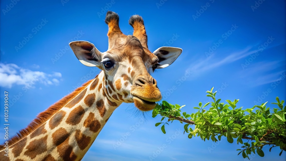 Fototapeta premium A gentle giant gracefully reaches for a leafy branch against a backdrop of vibrant blue sky.