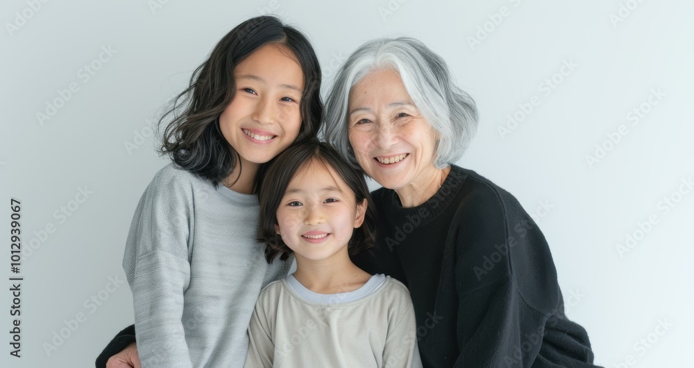 Three generations of a family smiling together. AI. Three generations of a family smiling together. AI.
