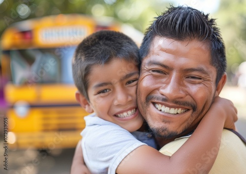 A father and son hug and smile at each other. AI.