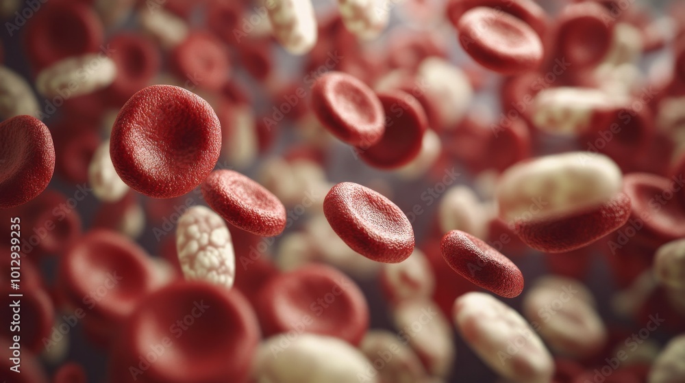 Dynamic 3D illustration of red and white blood cells floating in a bloodstream. The detailed textures and vibrant colors highlight medical and biological themes, ideal for healthcare visuals and Dynamic 3D illustration of red and white blood cells floating in a bloodstream. The detailed textures and vibrant colors highlight medical and biological themes, ideal for healthcare visuals and