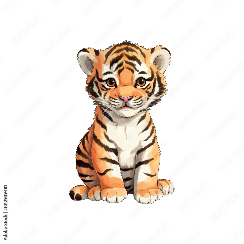 Obraz premium A smiling baby tiger is sitting. Perfect for wildlife conservation, children's books, or educational materials. Generative AI