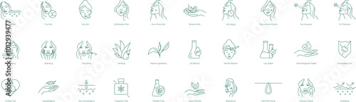 Normal, Dry, Oily, Combination Skin, Acne-Prone Skin, Sensitive Skin, Anti-Aging, Pigmentation Control, Sun Exposure, UV Protection, Moisturizing, Cleansing, Smoking vector icon set