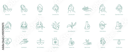 Normal, Dry, Oily, Combination Skin, Acne-Prone Skin, Sensitive Skin, Anti-Aging, Pigmentation Control, Moisturizing, Cleansing, Smoothing, Soothing, Natural Ingredients vector icon set