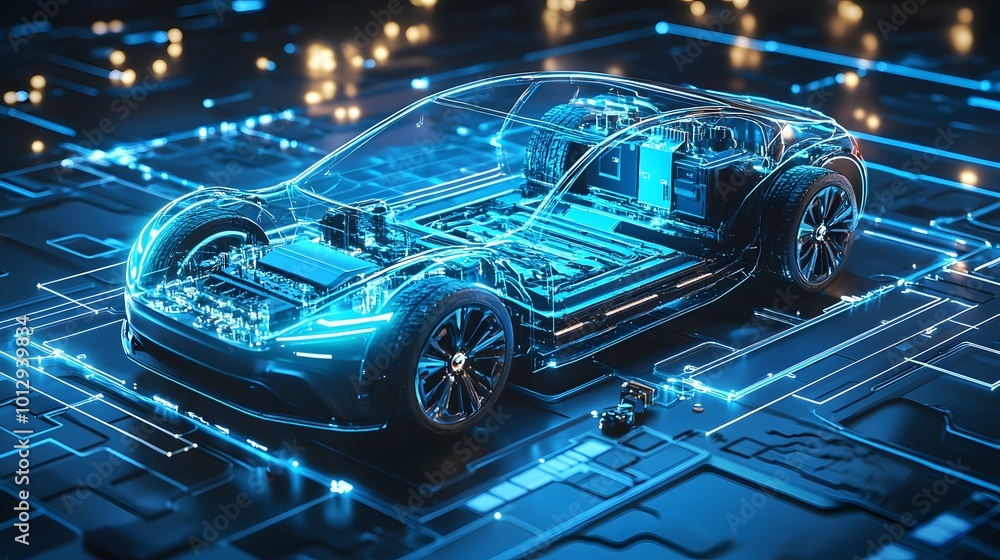 An illustration of an electric car lithium battery pack with power connections, showcasing the core of modern automotive technology in vibrant blue tones An illustration of an electric car lithium battery pack with power connections, showcasing the core of modern automotive technology in vibrant blue tones