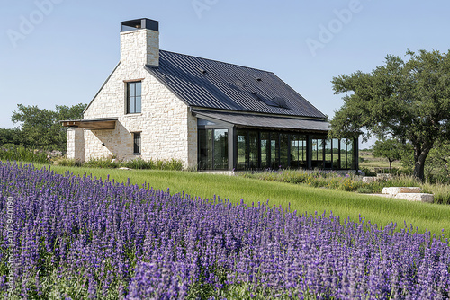 A small, single-story modern farmhouse-style home with a stone exterior and large windows overlooking lavender fields in the Texas countryside under clear blue skies. The house has solar panels.