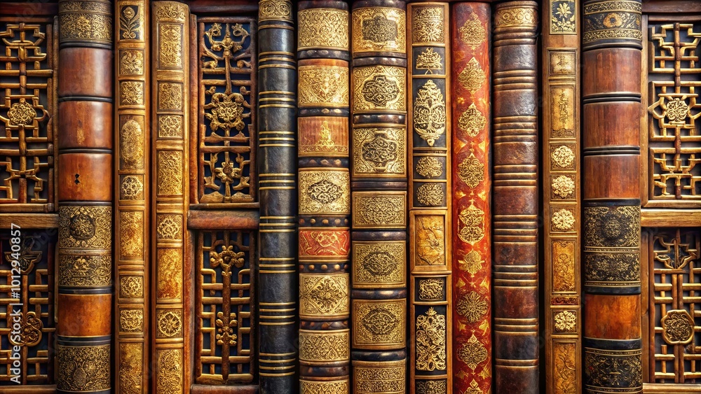 An elaborate display of antique books, each spine adorned with intricate gold and brown embellishments, showcasing the artistry of past eras. An elaborate display of antique books, each spine adorned with intricate gold and brown embellishments, showcasing the artistry of past eras.