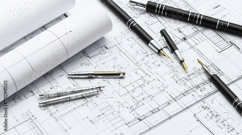 an architect's workspace, featuring a partially unrolled blueprint with a carefully arranged assortment of drafting pens and tools