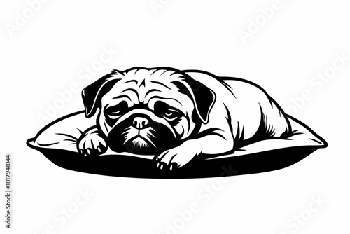 Cute pug dog sleeping on the pillow image vector, illustration, icon, isolated on white background.