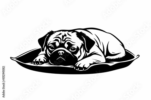 Cute pug dog sleeping on the pillow image vector, illustration, icon, isolated on white background.