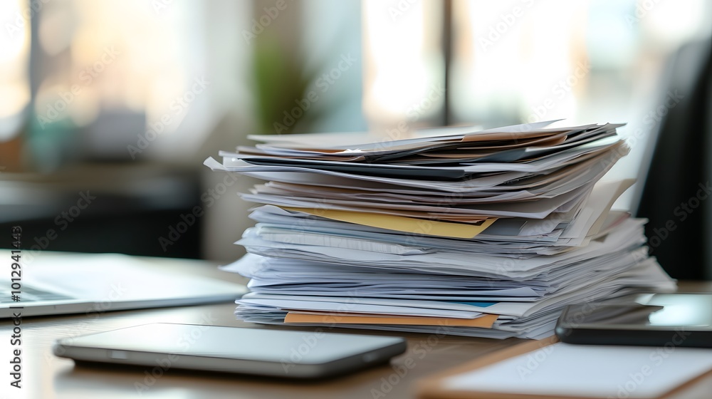 A Stack of Paperwork on a Desk With a Laptop and a Cellphone A Stack of Paperwork on a Desk With a Laptop and a Cellphone