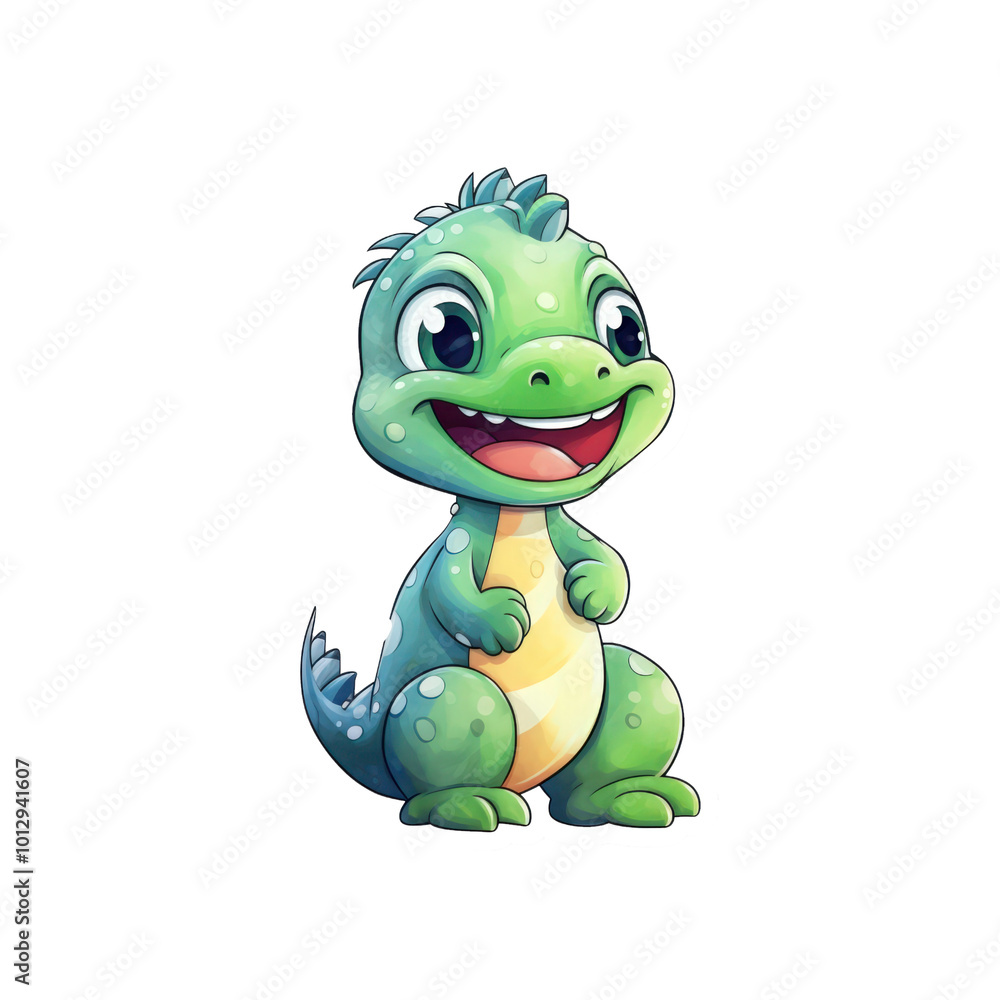 Fototapeta premium A green dinosaur with big eyes and a tail suitable for children's books, posters, and educational materials. Friendly and adorable character design. Generative AI
