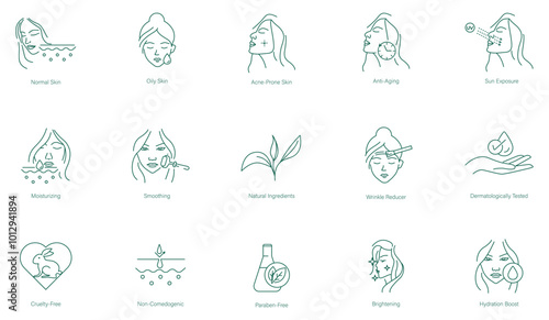 Normal Skin, Oily Skin, Acne-Prone Skin, Anti-Aging, Sun Exposure, Moisturizing, Smoothing, Natural Ingredients, Wrinkle Reducer, Dermatologically Tested, Cruelty-Free, Non-Comedogenic vector icons
