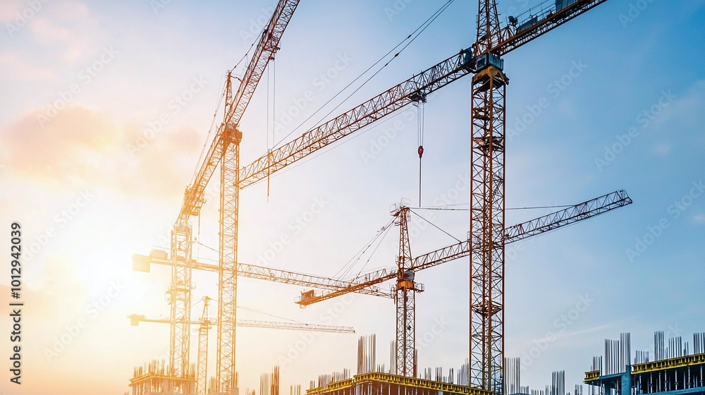 multiple tower cranes at work on a large construction site, backlit by a stunning sunset that casts long shadows across the unfinished structures multiple tower cranes at work on a large construction site, backlit by a stunning sunset that casts long shadows across the unfinished structures