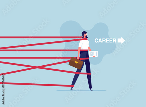 Business difficulty or struggle with career obstacle, Limitation and trap or challenge to overcome success, businesswoman trying to run away with full effort from tied up with red tape