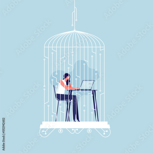 Digital detox and internet addiction bundle concept, businesswoman working on computer in the bird cage, need digital detox. Problems of cyber dependence. Mental burden