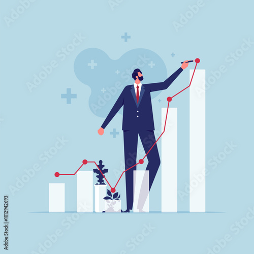Development, Stock market rising, positive growing concept. Positive confident businessman development arrow meaning success in business