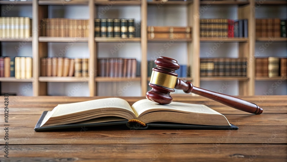 A Wooden Gavel Resting Atop an Open Book on a Table in Front of a Bookshelf A Wooden Gavel Resting Atop an Open Book on a Table in Front of a Bookshelf