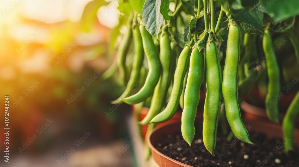 Fresh Green Beans Hanging from Plant in Sunlight Fresh Green Beans Hanging from Plant in Sunlight