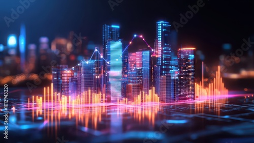 A vibrant digital cityscape with neon lights, showcasing skyscrapers and data visualizations in a futuristic styled design.