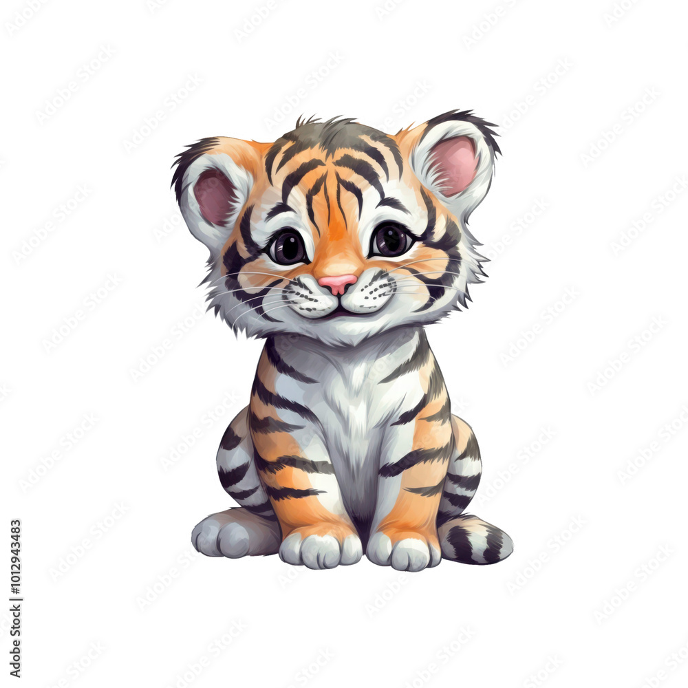 A smiling baby tiger is sitting. Perfect for wildlife conservation, children's books, or educational materials. Generative AI A smiling baby tiger is sitting. Perfect for wildlife conservation, children's books, or educational materials. Generative AI
