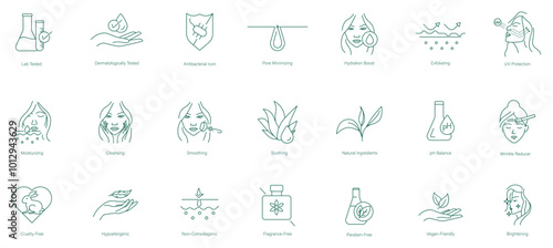 Comprehensive Skincare Icon Set: Lab Tested, Dermatologically Tested, Antibacterial, Pore Minimizing, Hydration Boost, Exfoliating, UV Protection, Moisturizing, Cleansing, Smoothing vector icon set