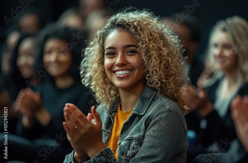 Group of happy people clapping and smiling in a gathering, highlighting joy and engagement at a public event or conference photo